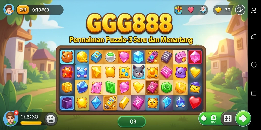 Tampilan gameplay match-3 GGG888 yang penuh warna dan menarik.