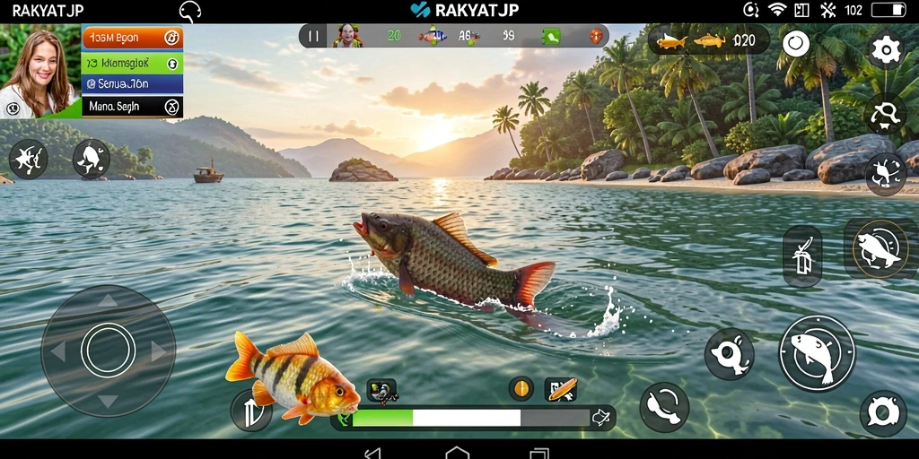 Gameplay RAKYATJP dengan karakter yang sedang memancing di danau yang indah.