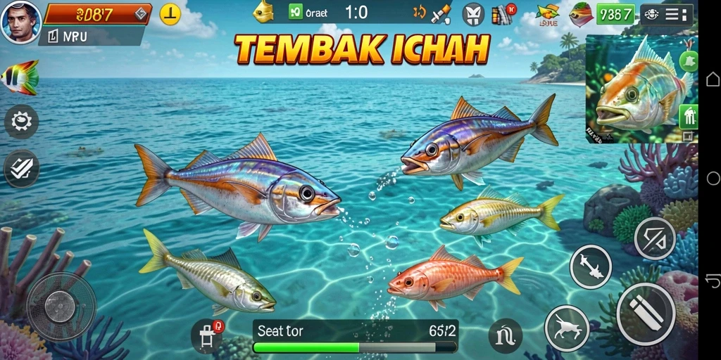 Gameplay V87 yang seru dalam menangkap ikan di lautan.